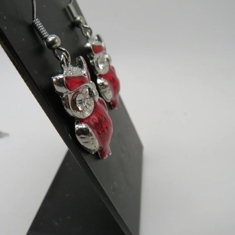 Red Owl Enamel Jewelry Set Necklace and Earrings Rhinestone Eyes 16 Inch